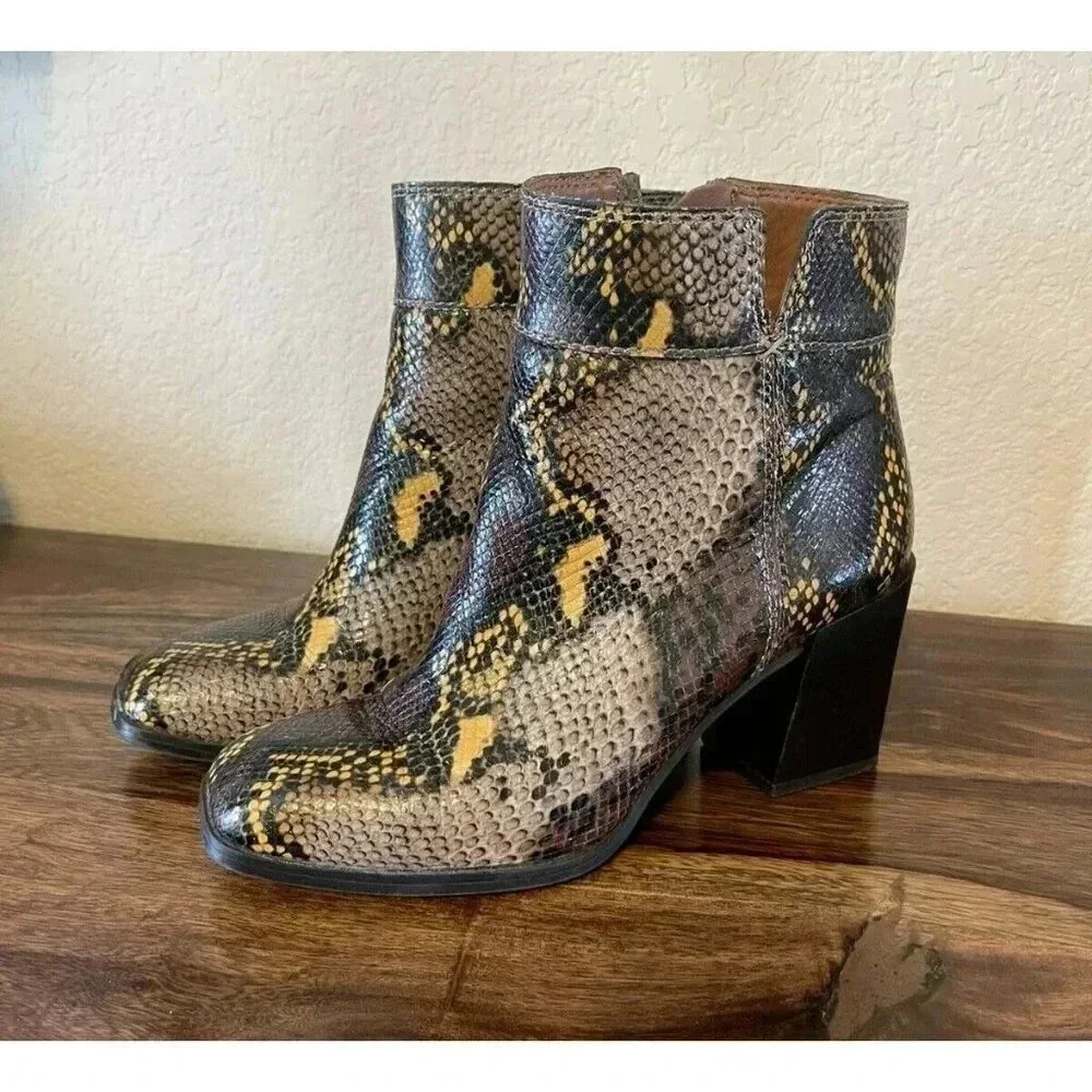Franco Sarto Size 7M Generous Leather Snake Print Block women Heel Bootie